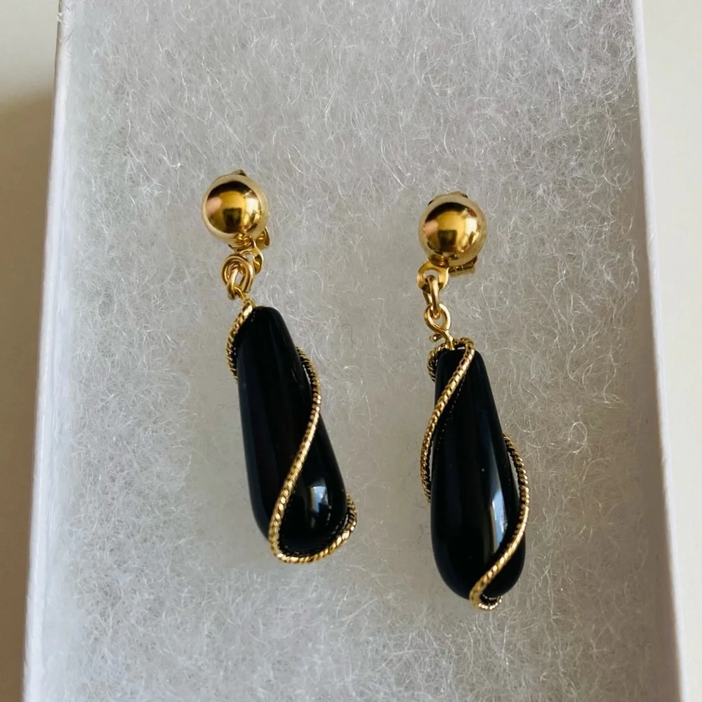 14K Yellow Gold 1” Onyx Dangle Gold Wire Twist Drop Earrings Vintage Unique - Picture 5 of 8